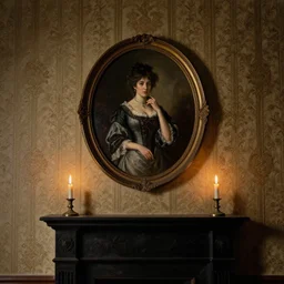 a wall with antique wallpaper, in the center an oval painting depicting a victorian lady posing, under a fireplace with lighted candles on it, dark, disturbing atmosphere, highly detailed, unsettling, realistic oil painting