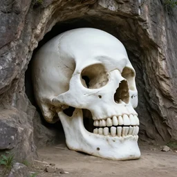 a large cave entrance in the mouth of a giant white skull built into the side of a cliff next to a dark forest, from a fantasy point and click 2 d graphic adventure game, art inspired by john shroades, king's quest, sierra entertainment games, landscape painting