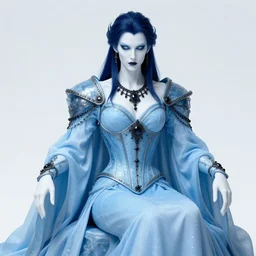 portrait of evil steampunk male ice lord, elegant corset, pale white skin, sky - blue dress, robes, black jewerly, dark blue hair, sitting on ice throne, beautiful fractal ice background, ornamental, highly detailed, detailed face, smooth, sharp focus, digital painting, by artgerm and greg rutkowski and alphonse mucha