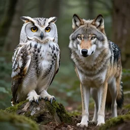 mixture between an! owl and wolf, captured in a forest