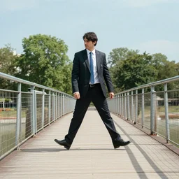 stock photo of business man crossing a bridge over a mote,