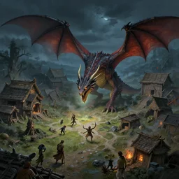 dnd wyvern attacking a tribal village at night, fantasy art, concept art