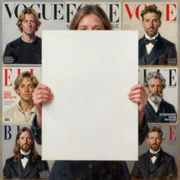 white woman holding blank poster, vogue magazine, elle magazine, greg rutkowski, john singer sargent, trending on artstation, oil painting, intricate