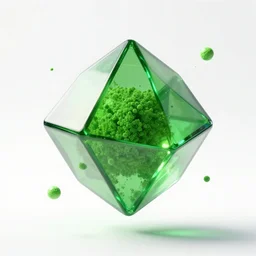 a floating green octahedron made of thick glass, green particles floating around it, white bg, unreal engine, concept art