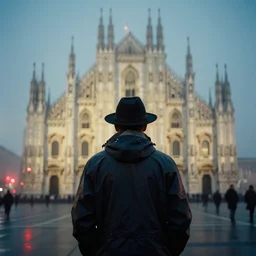 analog portrait photograph of a man from the back wearing a raincoat and a hat outside a city cathedral and thick fog at night by alex prager and mark owen. red lights. bokeh. cinematic. hq. detailed. contrast. cinestill 8 0 0 t