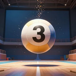 a sports hall, a big ball with the number 3 written on it is floating in the air right in the middle of the screen with sprinkles popping away from it. unreal engine