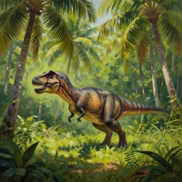 sri lankan landscape, coconut trees, tyrannosaurus rex roaming in the forest, volumetric lighting, volumetric shadows, nature photography, realistic oil painting by tomas sanchez
