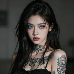 portrait of a young woman with tattoos, long dark hair and blue eyes, trending on pixiv, cinematic composition, detailed, hd, digital art, illustration