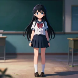 full body anime portrait of a cute girl round eyes long hair dressed in a school uniform cinematic stunning highly detailed 4 k neon anatomically correct