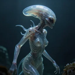 ultra realistic horror photo of a dimly lit translucent female alien creature underwater, very intricate details, focus, full frame image, curvy, model pose, artwork by tooth wu and wlop and greg rutkowski, award winning