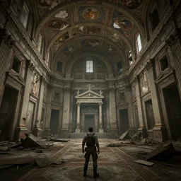 sistine chapel in ruins post - nuclear war in fallout 4, in game screenshot