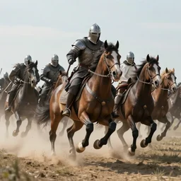 dramatic cinematic artwork of a medieval commander leading a cavalry charge with his sword raised by greg rutowski, sun rays