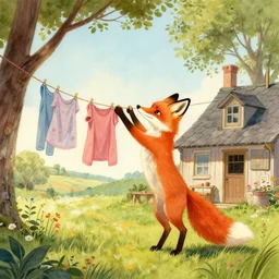 an anthropomorphic fox mother hangs up clothing outside her country home, illustration by Mary Jane Begin, Steven James Petruccio, Keren Katz, Thomas Kinkade