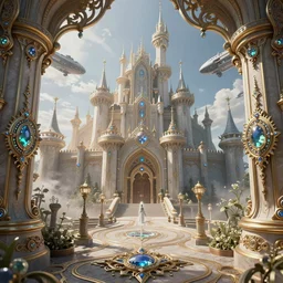 symetrical highly detailed ornate with jewels and precious metals futuristic, sandman kingdom, close up in the bg entrance castle kingdom of dreams, space ships, hiperrealistc, global illumination, radiant light, detailed and intricate environment. art by andreas achenbach