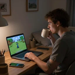 a man sits comfortably at his desk in his dimly lit bedroom, drinking hot cocoa and watching a minecraft video on his laptop. digital art