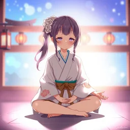 cute anime girl meditating in kimono, stylized, beautiful lineart, depth focus, rankings pixiv, artstation, procreate, soft lighting, srgb, 4 k artstation, hdr, cinematic, by kadokawa, nitroplus, mihoyo, kodansha, shogakukan