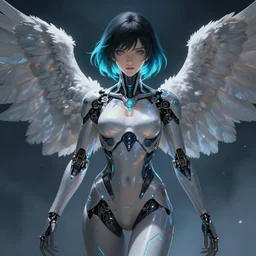 a beautiful cinematic female cyborg angel , fantasy magic, short aqua blue black fade hair, dark light night, illustration, highly detailed, advanced digital anime art, concept art, matte, art by WLOP and Artgerm and Greg Rutkowski and Alphonse Mucha, masterpiece
