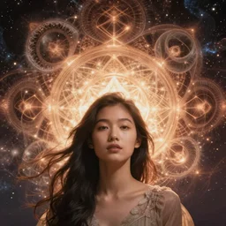ridiculously beautiful young asian woman tripping, fractals radiating from head with sacred geometry, cosmic, natural, awakening, symmetrical, in the style of ernst haeckel, effervescent, warm, photo realistic, epic and cinematic
