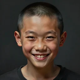 dramatic portrait of chinese boy buzz cut, creepy smile, digital painting