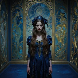 a girl in a blue and gold haunted liminal room, film still by goya, colors by pontormo, lights by hopper, extreme detail, liminal aesthetic, background art nouveau,