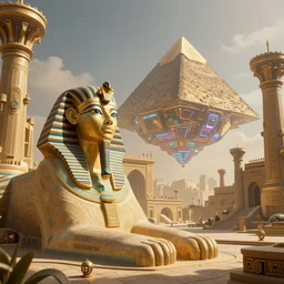 a scene of the beautiful intricate epic futuristic pharaoh city with a cyber sphinx, a clearly hovering cyber pyramid, hyper detailed, cinematic lighting