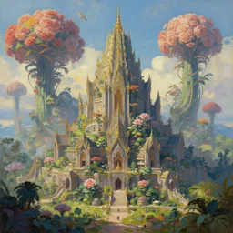 a beautiful and highly detailed painting of a towering bloomcore temple built on a world of massive scale flora | establishing shot | unreal engine :. 3 | impasto :. 6