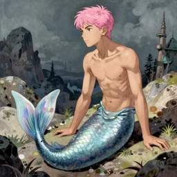 young teen bishonen male! scrawny pink haired merman! sci - fi! moebius, milo manara, hugo pratt, french comic art, semi - realistic anime, portrait, beautiful face, symmetrical face, trending on pixiv, detailed, clean lines, sharp lines, crisp lines, award winning illustration, masterpiece, 4 k