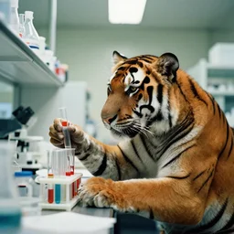 film still of a tiger working in a research lab filling test tubes, 8 k