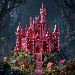 of a beautiful big scary Hyperrealistic castle made of ruby diamonds on top of a hill in the middle of a dark and creepy forest with little colorful shack huts at the lower regions, macro lens, highly detailed, digital painting, trending artstation, concept art, illustration, cinematic lighting, vibrant colors, photorealism, epic, octane render