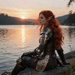 beautiful female redhead elf warrior wearing armor, sitting next to a beautiful lake at dawn, enjoying the wind, looking at the water. 8k ultra realistic, award winning, unreal engine 5, masterpiece, atmosphere glow, hyperrealistic, focused, extreme details, cinematic