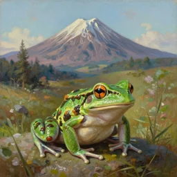 a brightly - colored frog, a single huge mountain in the background, extremely detailed oil painting, rhads, sargent and leyendecker, savrasov levitan polenov, bruce pennington, studio ghibli, tim hildebrandt, digital art, landscape painting, trending on artstation, masterpiece
