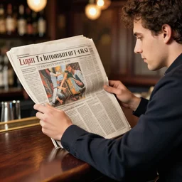 man reading newspaper in a bar, crayon