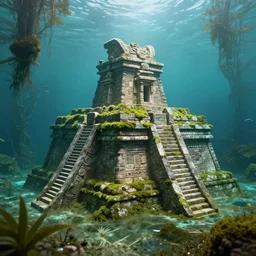 a sunken aztec temple in the florida everglades, the aztec temple is halfway underwater, moss, vines, alligators, foreboding, creepy, in the style of a historical illustration, color pencil art, detailed, intricate