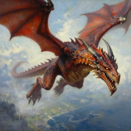 oil painting of one deathwing dragon from world of warcraft flying down on earth by greg rutkowski, closed up view