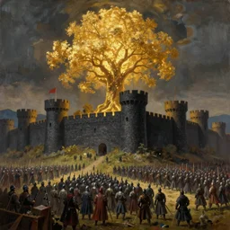 a painting of a grand army sieging outside the black castle's walls with a gigantic golden glowing tree in the background. trending on artstation. landscape painting.