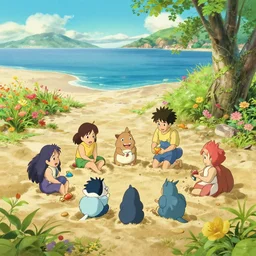 a wholesome animation key shot of fuuny creatures playing in the sand on the beach at the seaside by studio ghibli, nicoletta ceccoli, mark ryden, lostfish, max fleischer, detailed and intricate environment, bloom, 8 k resolution, hyperrealistic, octane render, vivid colors, bright, cheerful, detailed and intricate environment