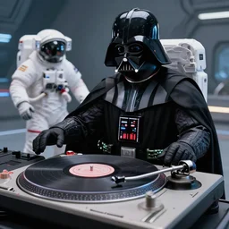 the most amazing dream of science fiction darth vader dj spinning a turntable at an astronaut stormtrooper dance party rave, craig mullins, dan mumford, moebius, hd, vibrant color, high contrast, digital illustration