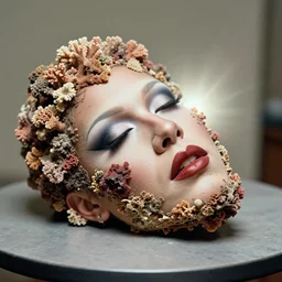 realistic photo of a blurred face of a drag queen, with his eyes closed, covered in shriveling dead coral reef, emitting aura, laying on a table 1 9 6 0, life magazine photo, natural colors, metropolitan museum, kodak, 8 k, very detailed, high resolution, product photo,