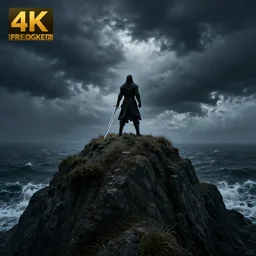 warrior holding a sword top the hill, front in sea, shelf, storm day, dark ambiance, 4 k, unreal engine, artstation, dramatic composition, fantasy style