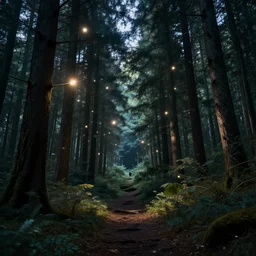 forest at night with floating lights surrealist collage