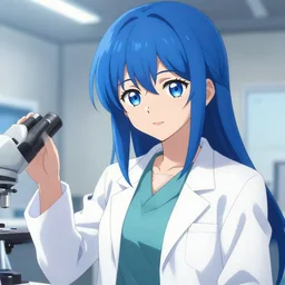 scientist girl in a lab coat, blue hair, shiki wakana, anime, pixiv, sharp, detailed, high quality, by greg rutkowski, artgerm