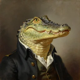 head and shoulders portrait painting of an anthropomorphic!!! crocodile wearing a colonial outfit looking off camera, a character portrait, american romanticism, oil on canvas, diffused lighting