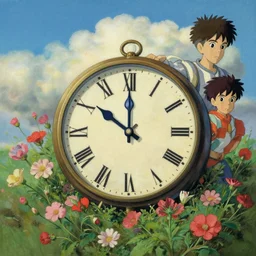 clock with flowers, by studio ghibli painting, by joaquin sorolla rhads leyendecker, by ohara koson and thomas ; cloud