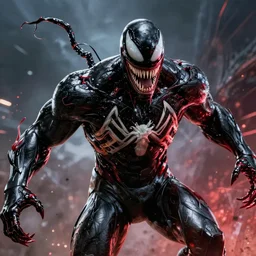 venom in a venom inspired ironman suit, black and red, dynamic lighting, photorealistic fantasy concept art, trending on art station, stunning visuals, terrifying, creative, cinematic