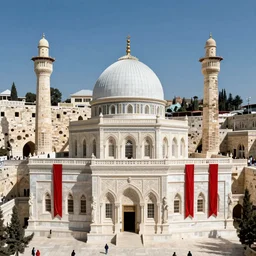 jerusalem solomon's temple, fully restored, newly built reconstructed, white marble, red banners. 8 k hd instagram photo at behance, epic cinematic movie shot, 1 9 9 0 s. adobe lightroom, photoshop