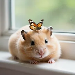 | very tiny butterfly on head | A 4k photo of a cute blonde hamster sleeping on a window with a tiny butterfly on his head in a summer day