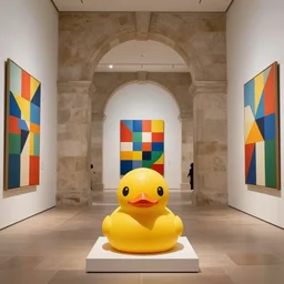 wide shot, one photorealistic rubber duck in foreground on a pedestal in an art gallery, the walls are covered with colorful geometric wall paintings in the style of sol lewitt, tall arched stone doorways, through the doorways are more wall paintings in the style of sol lewitt.