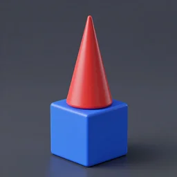 a red cone sitting on top of a blue cube, 3 d render