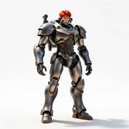 red-haired battle mech, cinematic studio photo, full body, standing, isolated on a pure white background, centered, whole figure in frame, sharp focus, studio lighting