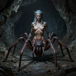 female drider with a human torso coming out of a spider body in a dark cave, ultra detailed, monster, half human half spider, creature design, dnd, d & d, concept art, octane render, 8 k, moody lighting, muted colors, blue tone light, dramatic lighting, realistic, john singer sargent, matte painting